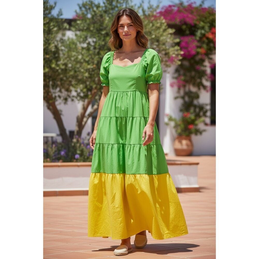 Donna Morgan Colorblock Maxi Dress Green Yellow Cap Sleeve Square Neck Size 0